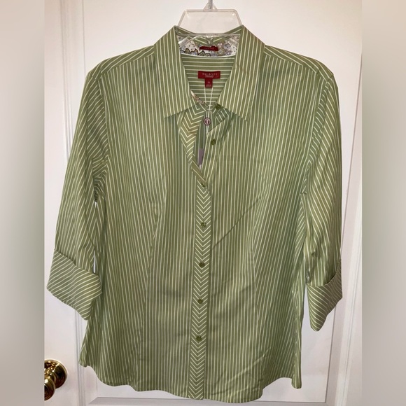 Talbot’s—Button-Down Collared Shirt, 14, Olive/White Stripes, 3/4 Length Sleeves - Picture 1 of 3